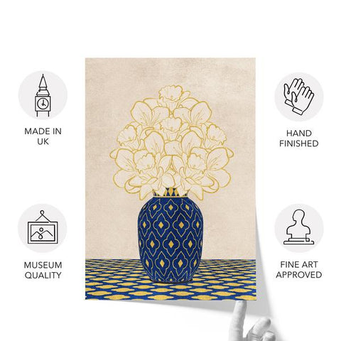Textured Floral Vase Artwork – Home Decor for Living Room/Bedroom/Hallway/Office – Blue – A4 - Set of 1