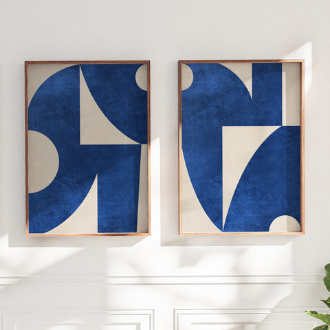 Textured Mid Century Modern Abstract Artwork – Home Decor for Living Room/Bedroom/Hallway/Office – Blue – A3- Set of 2