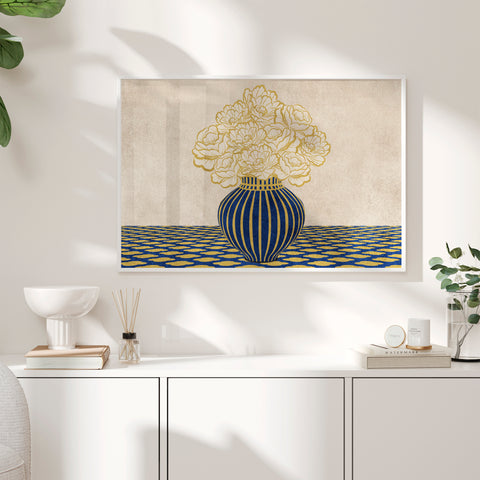 Vintage Vase with Flowers Fine Art Print – Blue - A2- Adam & Alice London - ADAM and ALICE Premium Fine Wall Art Unframed Print – Flowers Art – Vase - Home Decor for Living Room Bedroom Hallway Office – Neutral Background - Grey Blue Green Brown – A3 A4 A2