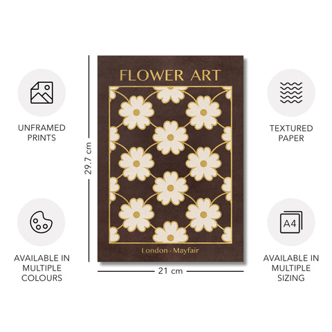 Classy Classic Flowers Artwork – London Gold Collection - Home Decor for Living Room/Bedroom/Hallway/Office – Brown – A4 - Set of 2