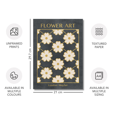 Classy Classic Flowers Artwork – London Gold Collection - Home Decor for Living Room/Bedroom/Hallway/Office – Gray – A4 - Set of 2