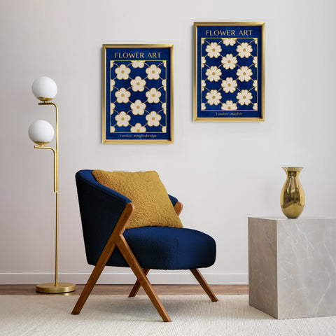 Classy Classic Flowers Artwork – London Gold Collection - Home Decor for Living Room/Bedroom/Hallway/Office – Blue – A4 - Set of 2