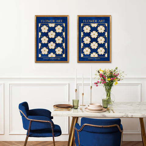 Classy Classic Flowers Artwork – London Gold Collection - Home Decor for Living Room/Bedroom/Hallway/Office – Blue – A4 - Set of 2