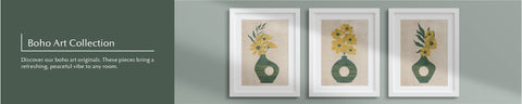 Framed boho-style art prints featuring yellow flowers in modern green vases on beige textured backgrounds – minimalist floral wall art set designed to bring a peaceful, natural vibe to bohemian interiors.