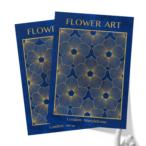 Classic Gold Flowers Artwork – Exclusive Gold Collection - Home Decor for Living Room/Bedroom/Hallway/Office – Blue – A4 - Set of 2- Adam & Alice London - ADAM and ALICE Premium Fine Wall Art Unframed Print – Flowers Art – Vase - Home Decor for Living Room Bedroom Hallway Office – Neutral Background - Grey Blue Green Brown – A3 A4 A2