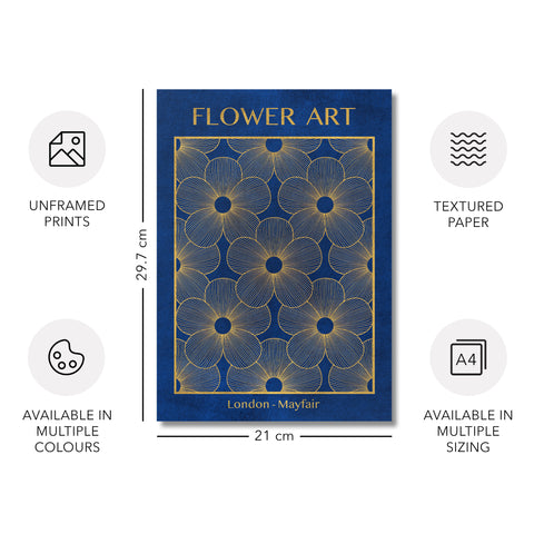 Classic Gold Flowers Artwork – Exclusive Gold Collection - Home Decor for Living Room/Bedroom/Hallway/Office – Blue – A4 - Set of 2- Adam & Alice London - ADAM and ALICE Premium Fine Wall Art Unframed Print – Flowers Art – Vase - Home Decor for Living Room Bedroom Hallway Office – Neutral Background - Grey Blue Green Brown – A3 A4 A2