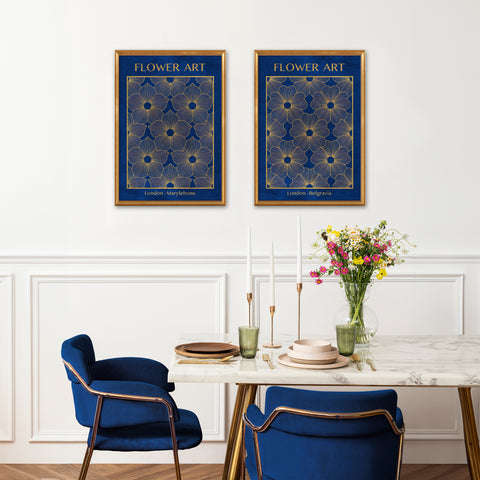 Classic Gold Flowers Artwork – Exclusive Gold Collection - Home Decor for Living Room/Bedroom/Hallway/Office – Blue – A4 - Set of 2- Adam & Alice London - ADAM and ALICE Premium Fine Wall Art Unframed Print – Flowers Art – Vase - Home Decor for Living Room Bedroom Hallway Office – Neutral Background - Grey Blue Green Brown – A3 A4 A2