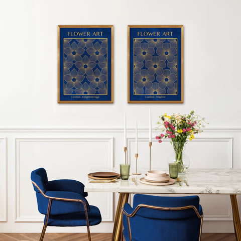 Classic Gold Flowers Artwork – Exclusive Gold Collection - Home Decor for Living Room/Bedroom/Hallway/Office – Blue – A4 - Set of 2- Adam & Alice London - ADAM and ALICE Premium Fine Wall Art Unframed Print – Flowers Art – Vase - Home Decor for Living Room Bedroom Hallway Office – Neutral Background - Grey Blue Green Brown – A3 A4 A2