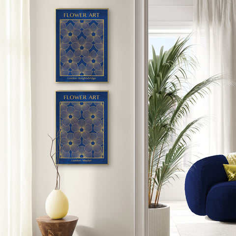 Classic Gold Flowers Artwork – Exclusive Gold Collection - Home Decor for Living Room/Bedroom/Hallway/Office – Blue – A4 - Set of 2- Adam & Alice London - ADAM and ALICE Premium Fine Wall Art Unframed Print – Flowers Art – Vase - Home Decor for Living Room Bedroom Hallway Office – Neutral Background - Grey Blue Green Brown – A3 A4 A2