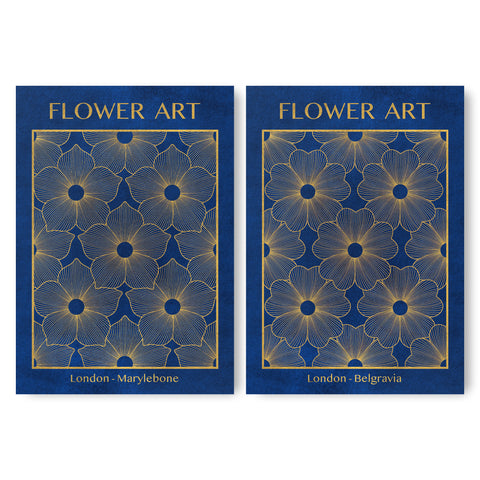 Classic Gold Flowers Artwork – Exclusive Gold Collection - Home Decor for Living Room/Bedroom/Hallway/Office – Blue – A4 - Set of 2- Adam & Alice London - ADAM and ALICE Premium Fine Wall Art Unframed Print – Flowers Art – Vase - Home Decor for Living Room Bedroom Hallway Office – Neutral Background - Grey Blue Green Brown – A3 A4 A2