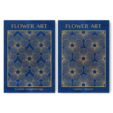 Classic Gold Flowers Artwork – Exclusive Gold Collection - Home Decor for Living Room/Bedroom/Hallway/Office – Blue – A4 - Set of 2- Adam & Alice London - ADAM and ALICE Premium Fine Wall Art Unframed Print – Flowers Art – Vase - Home Decor for Living Room Bedroom Hallway Office – Neutral Background - Grey Blue Green Brown – A3 A4 A2