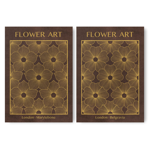 Classic Gold Flowers Artwork – Exclusive Gold Collection - Home Decor for Living Room/Bedroom/Hallway/Office – Brown – A4 - Set of 2- Adam & Alice London - ADAM and ALICE Premium Fine Wall Art Unframed Print – Flowers Art – Vase - Home Decor for Living Room Bedroom Hallway Office – Neutral Background - Grey Blue Green Brown – A3 A4 A2