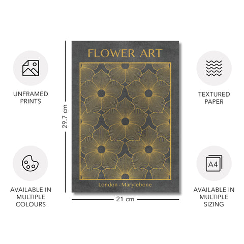 Classic Gold Flowers Artwork – Exclusive Gold Collection - Home Decor for Living Room/Bedroom/Hallway/Office – Gray – A4 - Set of 2- Adam & Alice London - ADAM and ALICE Premium Fine Wall Art Unframed Print – Flowers Art – Vase - Home Decor for Living Room Bedroom Hallway Office – Neutral Background - Grey Blue Green Brown – A3 A4 A2