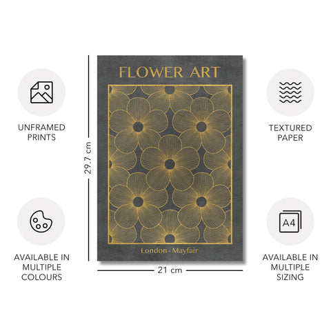 Classic Gold Flowers Artwork – Exclusive Gold Collection - Home Decor for Living Room/Bedroom/Hallway/Office – Gray – A4 - Set of 2- Adam & Alice London - ADAM and ALICE Premium Fine Wall Art Unframed Print – Flowers Art – Vase - Home Decor for Living Room Bedroom Hallway Office – Neutral Background - Grey Blue Green Brown – A3 A4 A2