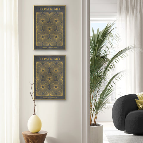 Classic Gold Flowers Artwork – Exclusive Gold Collection - Home Decor for Living Room/Bedroom/Hallway/Office – Gray – A4 - Set of 2- Adam & Alice London - ADAM and ALICE Premium Fine Wall Art Unframed Print – Flowers Art – Vase - Home Decor for Living Room Bedroom Hallway Office – Neutral Background - Grey Blue Green Brown – A3 A4 A2