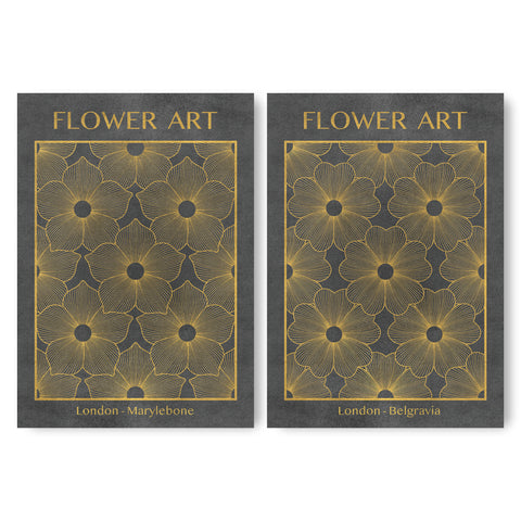 Classic Gold Flowers Artwork – Exclusive Gold Collection - Home Decor for Living Room/Bedroom/Hallway/Office – Gray – A4 - Set of 2- Adam & Alice London - ADAM and ALICE Premium Fine Wall Art Unframed Print – Flowers Art – Vase - Home Decor for Living Room Bedroom Hallway Office – Neutral Background - Grey Blue Green Brown – A3 A4 A2