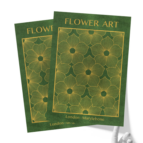 Classic Gold Flowers Artwork – Exclusive Gold Collection - Home Decor for Living Room/Bedroom/Hallway/Office – Green – A4 - Set of 2- Adam & Alice London - ADAM and ALICE Premium Fine Wall Art Unframed Print – Flowers Art – Vase - Home Decor for Living Room Bedroom Hallway Office – Neutral Background - Grey Blue Green Brown – A3 A4 A2