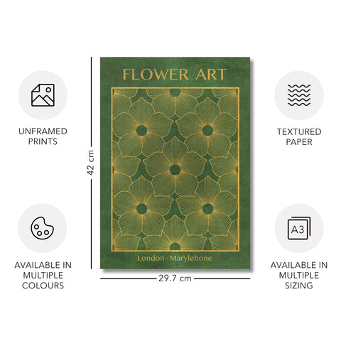 Classic Gold Flowers Artwork – Exclusive Gold Collection - Home Decor for Living Room/Bedroom/Hallway/Office – Green – A4 - Set of 2- Adam & Alice London - ADAM and ALICE Premium Fine Wall Art Unframed Print – Flowers Art – Vase - Home Decor for Living Room Bedroom Hallway Office – Neutral Background - Grey Blue Green Brown – A3 A4 A2