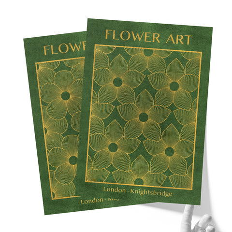 Classic Gold Flowers Artwork – Exclusive Gold Collection - Home Decor for Living Room/Bedroom/Hallway/Office – Green – A4 - Set of 2- Adam & Alice London - ADAM and ALICE Premium Fine Wall Art Unframed Print – Flowers Art – Vase - Home Decor for Living Room Bedroom Hallway Office – Neutral Background - Grey Blue Green Brown – A3 A4 A2