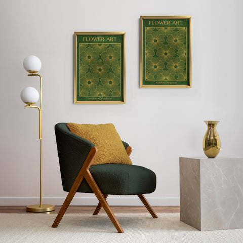 Classic Gold Flowers Artwork – Exclusive Gold Collection - Home Decor for Living Room/Bedroom/Hallway/Office – Green – A4 - Set of 2- Adam & Alice London - ADAM and ALICE Premium Fine Wall Art Unframed Print – Flowers Art – Vase - Home Decor for Living Room Bedroom Hallway Office – Neutral Background - Grey Blue Green Brown – A3 A4 A2