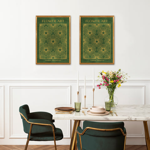 Classic Gold Flowers Artwork – Exclusive Gold Collection - Home Decor for Living Room/Bedroom/Hallway/Office – Green – A4 - Set of 2- Adam & Alice London - ADAM and ALICE Premium Fine Wall Art Unframed Print – Flowers Art – Vase - Home Decor for Living Room Bedroom Hallway Office – Neutral Background - Grey Blue Green Brown – A3 A4 A2