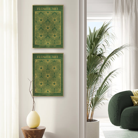 Classic Gold Flowers Artwork – Exclusive Gold Collection - Home Decor for Living Room/Bedroom/Hallway/Office – Green – A4 - Set of 2- Adam & Alice London - ADAM and ALICE Premium Fine Wall Art Unframed Print – Flowers Art – Vase - Home Decor for Living Room Bedroom Hallway Office – Neutral Background - Grey Blue Green Brown – A3 A4 A2
