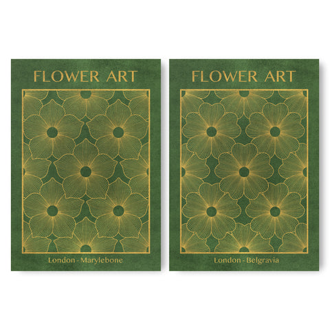Classic Gold Flowers Artwork – Exclusive Gold Collection - Home Decor for Living Room/Bedroom/Hallway/Office – Green – A4 - Set of 2- Adam & Alice London - ADAM and ALICE Premium Fine Wall Art Unframed Print – Flowers Art – Vase - Home Decor for Living Room Bedroom Hallway Office – Neutral Background - Grey Blue Green Brown – A3 A4 A2