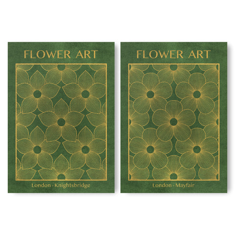 Classic Gold Flowers Artwork – Exclusive Gold Collection - Home Decor for Living Room/Bedroom/Hallway/Office – Green – A4 - Set of 2- Adam & Alice London - ADAM and ALICE Premium Fine Wall Art Unframed Print – Flowers Art – Vase - Home Decor for Living Room Bedroom Hallway Office – Neutral Background - Grey Blue Green Brown – A3 A4 A2