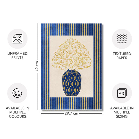 Classy Classic Flowers Artwork – Blue – A3 - Set of 2- Adam & Alice London - ADAM and ALICE Premium Fine Wall Art Unframed Print – Flowers Art – Vase - Home Decor for Living Room Bedroom Hallway Office – Neutral Background - Grey Blue Green Brown – A3 A4 A2
