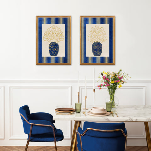 Classy Classic Flowers Artwork – Blue – A3 - Set of 2- Adam & Alice London - ADAM and ALICE Premium Fine Wall Art Unframed Print – Flowers Art – Vase - Home Decor for Living Room Bedroom Hallway Office – Neutral Background - Grey Blue Green Brown – A3 A4 A2