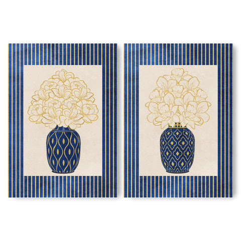 Classy Classic Flowers Artwork – Blue – A3 - Set of 2- Adam & Alice London - ADAM and ALICE Premium Fine Wall Art Unframed Print – Flowers Art – Vase - Home Decor for Living Room Bedroom Hallway Office – Neutral Background - Grey Blue Green Brown – A3 A4 A2