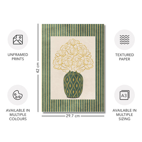Classy Classic Flowers Artwork – Green – A3 - Set of 2- Adam & Alice London - ADAM and ALICE Premium Fine Wall Art Unframed Print – Flowers Art – Vase - Home Decor for Living Room Bedroom Hallway Office – Neutral Background - Grey Blue Green Brown – A3 A4 A2
