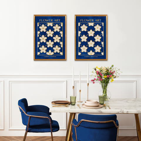 Classy Classic Flowers Artwork – London Gold Collection - Home Decor for Living Room/Bedroom/Hallway/Office – Blue – A4 - Set of 2- Adam & Alice London - ADAM and ALICE Premium Fine Wall Art Unframed Print – Flowers Art – Vase - Home Decor for Living Room Bedroom Hallway Office – Neutral Background - Grey Blue Green Brown – A3 A4 A2