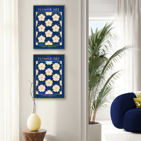 Classy Classic Flowers Artwork – London Gold Collection - Home Decor for Living Room/Bedroom/Hallway/Office – Blue – A4 - Set of 2- Adam & Alice London - ADAM and ALICE Premium Fine Wall Art Unframed Print – Flowers Art – Vase - Home Decor for Living Room Bedroom Hallway Office – Neutral Background - Grey Blue Green Brown – A3 A4 A2