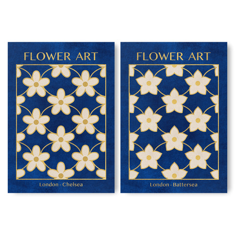 Classy Classic Flowers Artwork – London Gold Collection - Home Decor for Living Room/Bedroom/Hallway/Office – Blue – A4 - Set of 2- Adam & Alice London - ADAM and ALICE Premium Fine Wall Art Unframed Print – Flowers Art – Vase - Home Decor for Living Room Bedroom Hallway Office – Neutral Background - Grey Blue Green Brown – A3 A4 A2