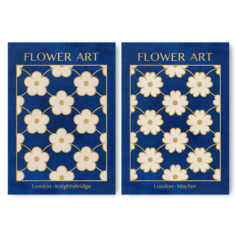 Classy Classic Flowers Artwork – London Gold Collection - Home Decor for Living Room/Bedroom/Hallway/Office – Blue – A4 - Set of 2- Adam & Alice London - ADAM and ALICE Premium Fine Wall Art Unframed Print – Flowers Art – Vase - Home Decor for Living Room Bedroom Hallway Office – Neutral Background - Grey Blue Green Brown – A3 A4 A2