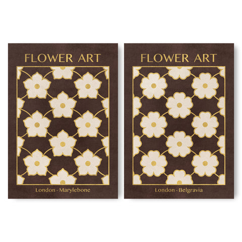 Classy Classic Flowers Artwork – London Gold Collection - Home Decor for Living Room/Bedroom/Hallway/Office – Brown – A4 - Set of 2- Adam & Alice London - ADAM and ALICE Premium Fine Wall Art Unframed Print – Flowers Art – Vase - Home Decor for Living Room Bedroom Hallway Office – Neutral Background - Grey Blue Green Brown – A3 A4 A2