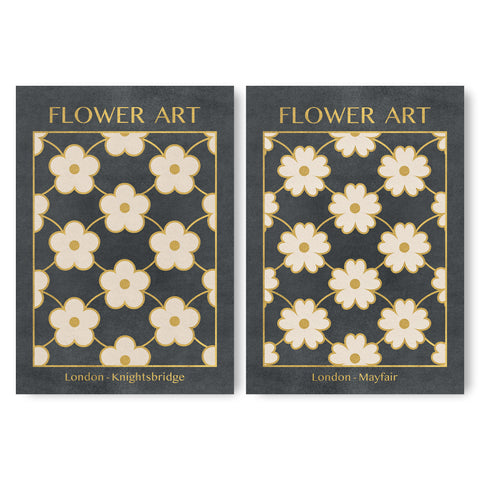 Classy Classic Flowers Artwork – London Gold Collection - Home Decor for Living Room/Bedroom/Hallway/Office – Gray – A4 - Set of 2- Adam & Alice London - ADAM and ALICE Premium Fine Wall Art Unframed Print – Flowers Art – Vase - Home Decor for Living Room Bedroom Hallway Office – Neutral Background - Grey Blue Green Brown – A3 A4 A2