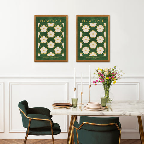 Classy Classic Flowers Artwork – London Gold Collection - Home Decor for Living Room/Bedroom/Hallway/Office – Green – A4 - Set of 2- Adam & Alice London - ADAM and ALICE Premium Fine Wall Art Unframed Print – Flowers Art – Vase - Home Decor for Living Room Bedroom Hallway Office – Neutral Background - Grey Blue Green Brown – A3 A4 A2