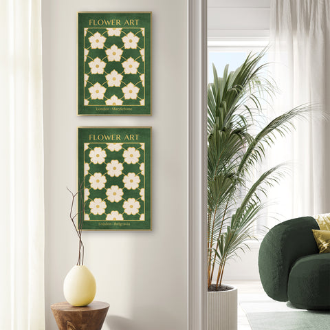 Classy Classic Flowers Artwork – London Gold Collection - Home Decor for Living Room/Bedroom/Hallway/Office – Green – A4 - Set of 2- Adam & Alice London - ADAM and ALICE Premium Fine Wall Art Unframed Print – Flowers Art – Vase - Home Decor for Living Room Bedroom Hallway Office – Neutral Background - Grey Blue Green Brown – A3 A4 A2