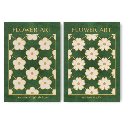 Classy Classic Flowers Artwork – London Gold Collection - Home Decor for Living Room/Bedroom/Hallway/Office – Green – A4 - Set of 2- Adam & Alice London - ADAM and ALICE Premium Fine Wall Art Unframed Print – Flowers Art – Vase - Home Decor for Living Room Bedroom Hallway Office – Neutral Background - Grey Blue Green Brown – A3 A4 A2