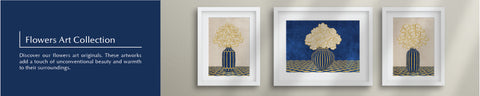 Framed flower art prints featuring gold-outlined floral bouquets in blue vases, set against neutral and deep blue textured backgrounds – part of a fine art collection that adds elegance and warmth to modern interiors.
