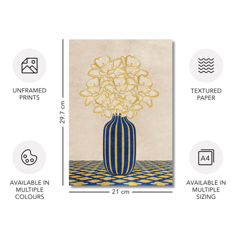Flowers Art – Vase - Home Decor for Living Room/Bedroom/Hallway/Office – Blue - A4- Adam & Alice London - ADAM and ALICE Premium Fine Wall Art Unframed Print – Flowers Art – Vase - Home Decor for Living Room Bedroom Hallway Office – Neutral Background - Grey Blue Green Brown – A3 A4 A2