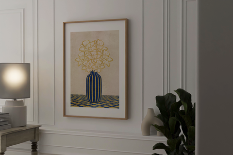 Flowers Art – Vase - Home Decor for Living Room/Bedroom/Hallway/Office – Blue - A4- Adam & Alice London - ADAM and ALICE Premium Fine Wall Art Unframed Print – Flowers Art – Vase - Home Decor for Living Room Bedroom Hallway Office – Neutral Background - Grey Blue Green Brown – A3 A4 A2