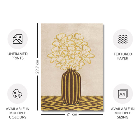 Flowers Art – Vase - Home Decor for Living Room/Bedroom/Hallway/Office – Brown - A4- Adam & Alice London - ADAM and ALICE Premium Fine Wall Art Unframed Print – Flowers Art – Vase - Home Decor for Living Room Bedroom Hallway Office – Neutral Background - Grey Blue Green Brown – A3 A4 A2