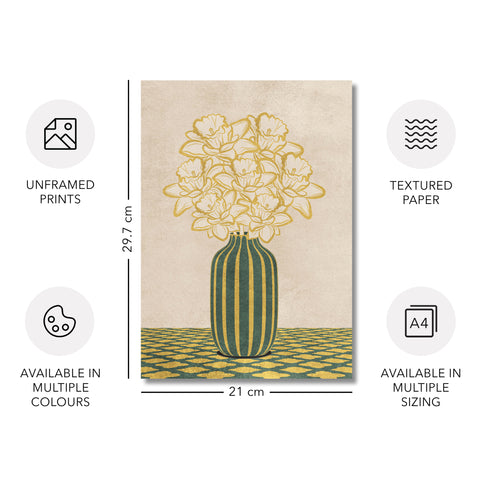 Flowers Art – Vase - Home Decor for Living Room/Bedroom/Hallway/Office – Green - A4- Adam & Alice London - ADAM and ALICE Premium Fine Wall Art Unframed Print – Flowers Art – Vase - Home Decor for Living Room Bedroom Hallway Office – Neutral Background - Grey Blue Green Brown – A3 A4 A2