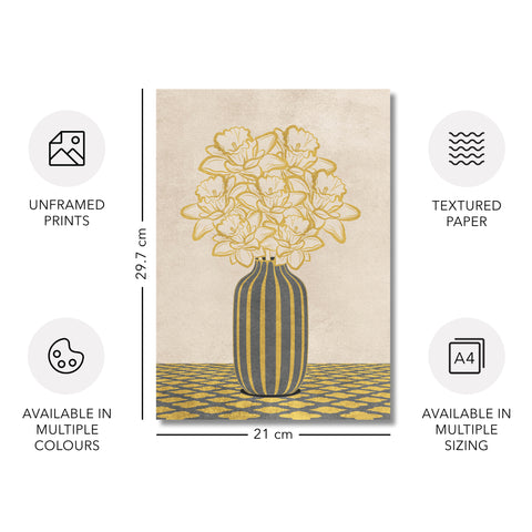 Flowers Art – Vase - Home Decor for Living Room/Bedroom/Hallway/Office – Grey - A4- Adam & Alice London - ADAM and ALICE Premium Fine Wall Art Unframed Print – Flowers Art – Vase - Home Decor for Living Room Bedroom Hallway Office – Neutral Background - Grey Blue Green Brown – A3 A4 A2