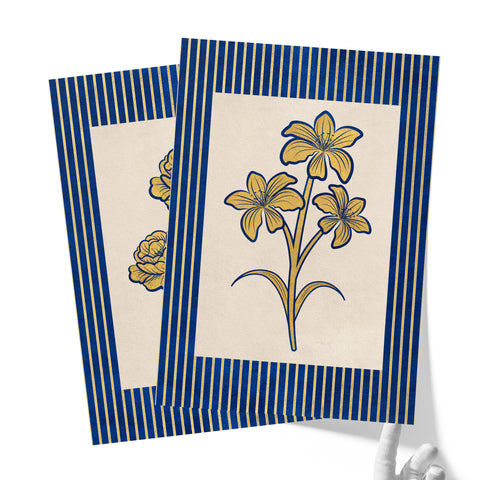 Golden Flowers Artwork – Gold Collection - Home Decor for Living Room/Bedroom/Hallway/Office – Blue – A4 - Set of 2- Adam & Alice London - ADAM and ALICE Premium Fine Wall Art Unframed Print – Flowers Art – Vase - Home Decor for Living Room Bedroom Hallway Office – Neutral Background - Grey Blue Green Brown – A3 A4 A2