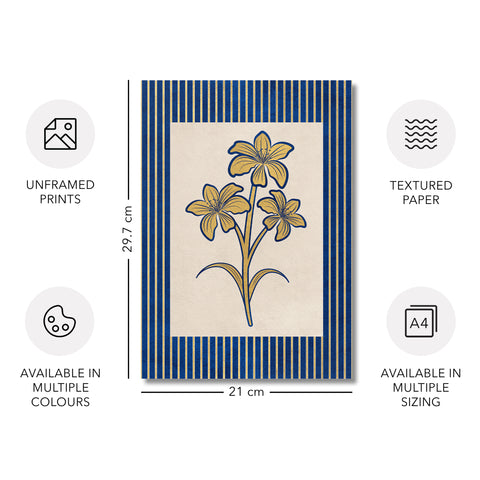 Golden Flowers Artwork – Gold Collection - Home Decor for Living Room/Bedroom/Hallway/Office – Blue – A4 - Set of 2- Adam & Alice London - ADAM and ALICE Premium Fine Wall Art Unframed Print – Flowers Art – Vase - Home Decor for Living Room Bedroom Hallway Office – Neutral Background - Grey Blue Green Brown – A3 A4 A2