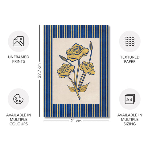 Golden Flowers Artwork – Gold Collection - Home Decor for Living Room/Bedroom/Hallway/Office – Blue – A4 - Set of 2- Adam & Alice London - ADAM and ALICE Premium Fine Wall Art Unframed Print – Flowers Art – Vase - Home Decor for Living Room Bedroom Hallway Office – Neutral Background - Grey Blue Green Brown – A3 A4 A2